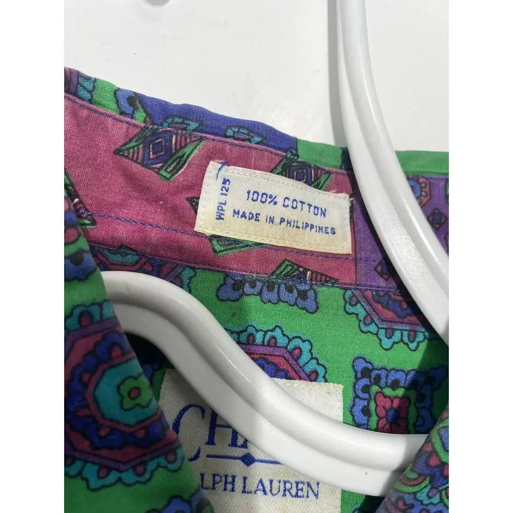 Vintage Chaps Ralph Lauren Top Shirt Womens M Paisley Colorblock Blue Green